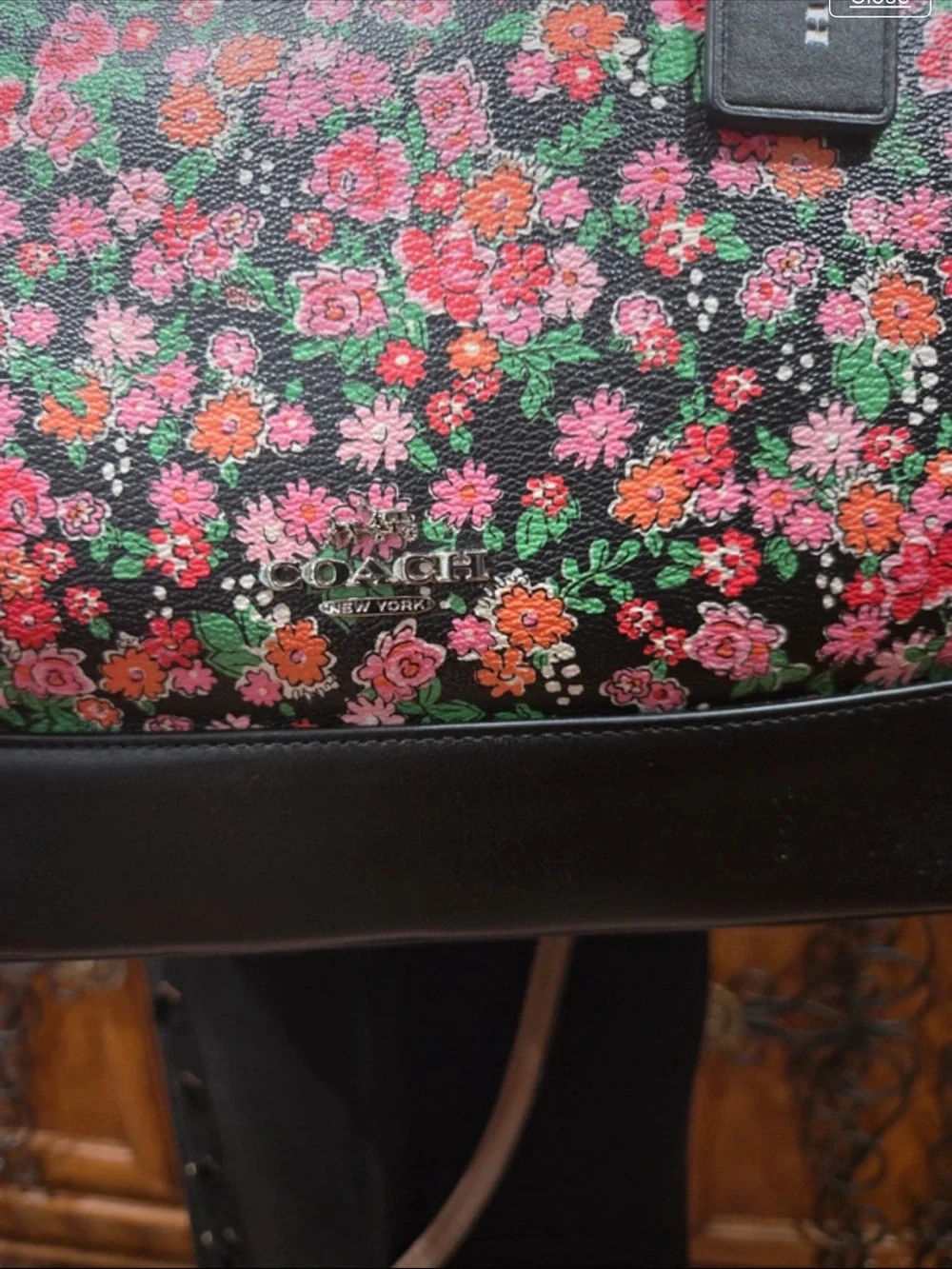 Coach Black Floral Dome Satchel with Pink & Green Flowers